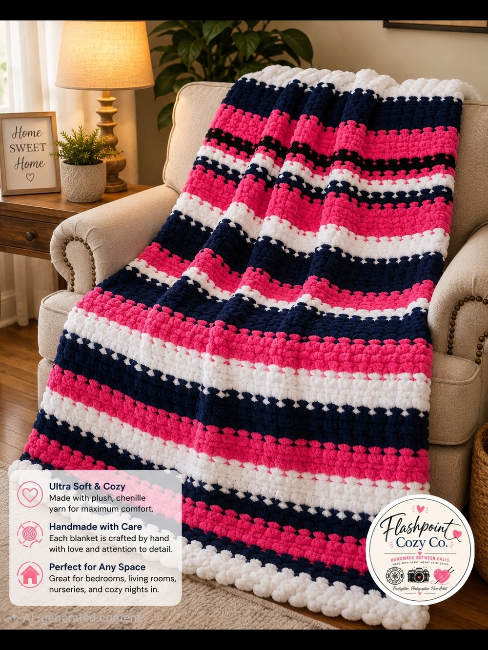 Handmade Chenille Stripe Throw Blanket - Pink, Navy, White